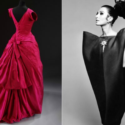 Balenciagas skapelser är en njutning för modeögat. Till höger den klassiska ”kuvertklänningen” från ett modereportage i Harper´s Bazaar, 1967. utställningar